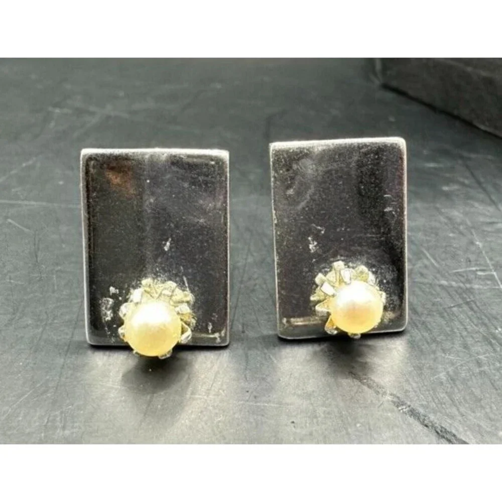 Pioneer Silver Cufflinks Pearl Tuxedo Studs Rectangle Formal Wedding Vintage